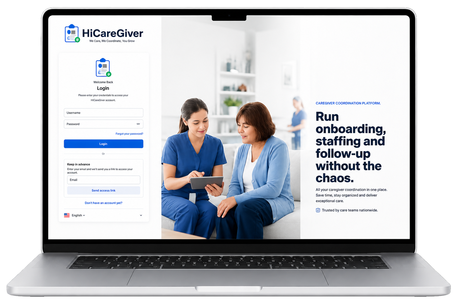 HiCareGiver caregiver online application shown inside a laptop